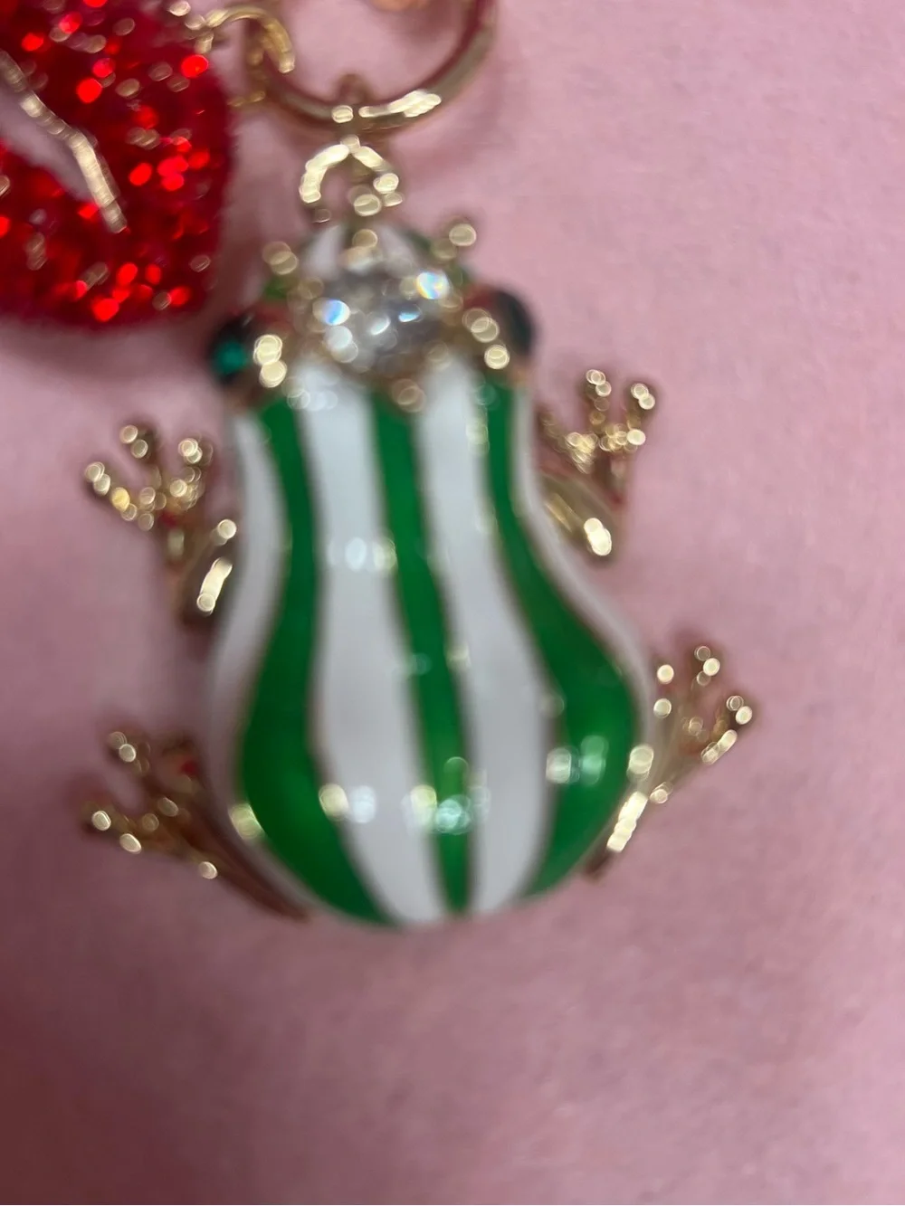 Green & White Striped Frog Keychain Bag Charm with Red Lip Charm